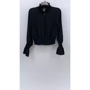 UNBRANDED Women's Black Sheer Mock-Neck Long Bell Sleeve Top SZ S